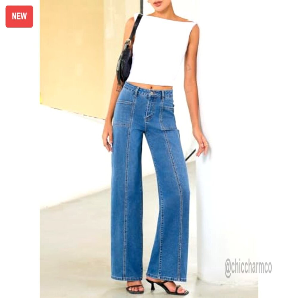 High Waisted Wide Leg Stretchy Denim Jeans Straight Leg Baggy Pants - Picture 4 of 7